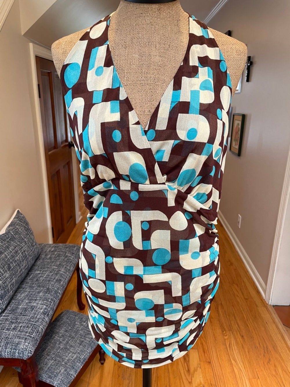 Classiques Entier Brown, Cream & Blue Geometric Halter Top